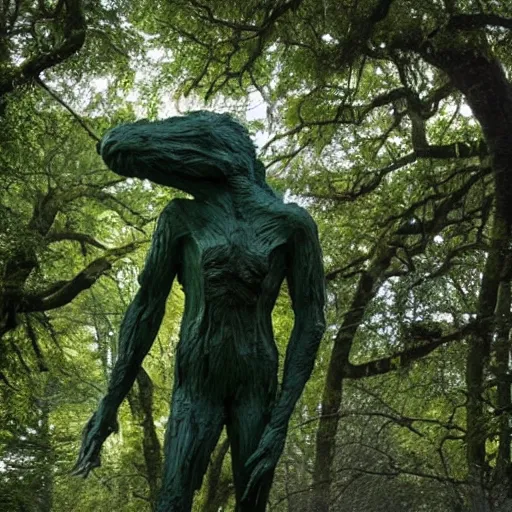 Image similar to A beautiful sculpture of a large, looming creature with a long, snake-like body. The creature has many large, sharp teeth, and its eyes glow a eerie green. It is wrapped around a large tree, which is bent and broken under the creature's weight. There is a small figure in the foreground, clutching a sword, which is dwarfed by the size of the creature. dark violet, octane 3d by Janine Antoni, by Arthur Hughes neat, playful