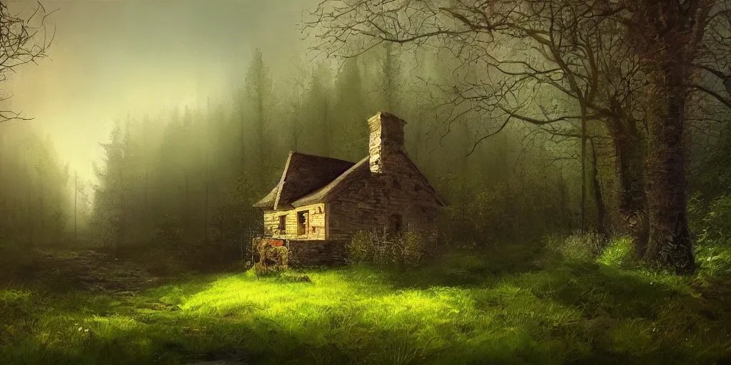 Image similar to a painting of single cottage in the woods and empty woods, 8k, fantasy, hyper realistic, atmospheric, cinematic