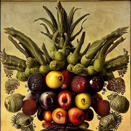 Prompt: alien fruit in clear glass bowl, giuseppe arcimboldo,