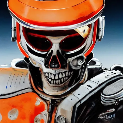 Image similar to a portrait of an cyborg skull fighter pilot wearing a helmet, vampire teeth, in an orange racing helmet by sandra chevrier, detailed render, epic composition, cybernetics, 4 k realistic, cryengine, realistic shaded lighting, sharp focus, masterpiece, by matteo scalera, gary montalbano, peter elson in the style of the tokyo ghost comic