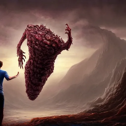 Image similar to mark zuckerberg clawing away his own skin to reveal the monster underneath, like a parasite escaping it's host, epic fantasy painting, cinematic pose