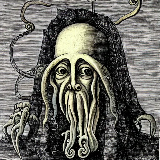 Prompt: Hieronymus Bosch optical illusion portrait of Cthulhu man in suit