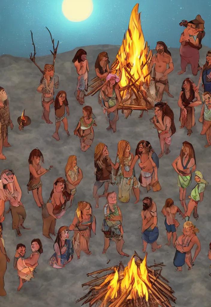 Image similar to realistic tribe gather around a bonfire with a pregnant woman as her leader, intense blue eyes, realistic, antartic night, aerial race