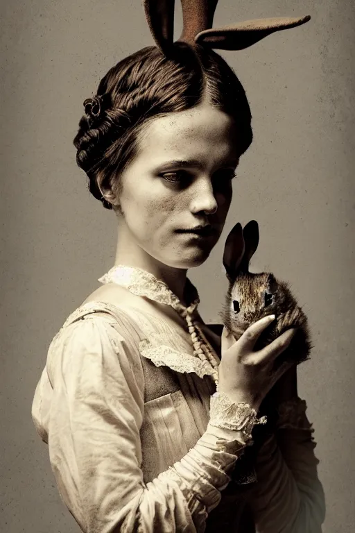 Image similar to wet plate photograph portrait of a victorian woman with a rabbit head for her head, dressed in a victorian - era clothing, dramatic lighting, highly detailed, digital painting, artstation, concept art, smooth, sharp focus, illustration, art by wlop, mars ravelo and greg rutkowski