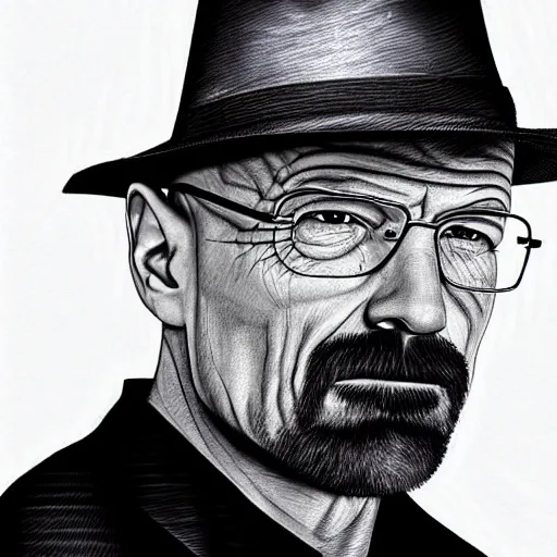 Prompt: Walter White with Coslive Black Hat , accurate anatomy, highly detailed, digital art, centered, portrait