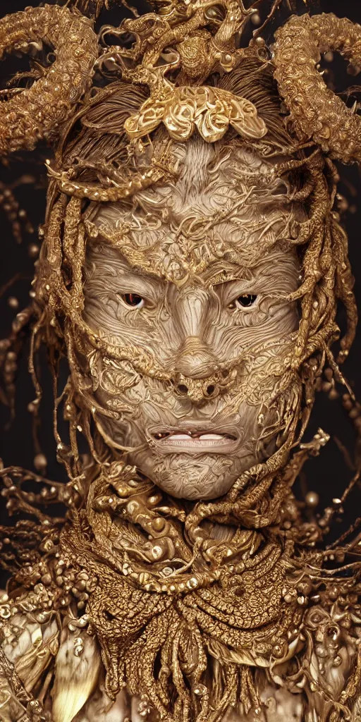 Image similar to hyperrealism, detailed textures, photorealistic japanese medusa queen, intricate, detailed facial animal mask, golden jewelery, japanese style, ultra realistic, cinematic, intricate, cinematic light, unreal engine 8 k
