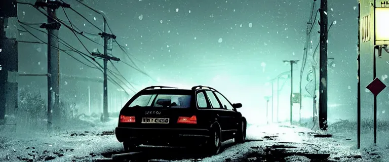 Image similar to Audi A4 B6 Avant (2002), a gritty neo-noir, dramatic lighting, cinematic, eerie person silhouette, death, homicide, homicide in the snow, gunshots, establishing shot, extremely high detail, photorealistic, cinematic lighting, artstation, by simon stalenhag, Max Payne (PC) (2001) winter new york at night, In the style of Max Payne 2 graphic novel, flashing lights, Poets of the Fall - Late Goodbye