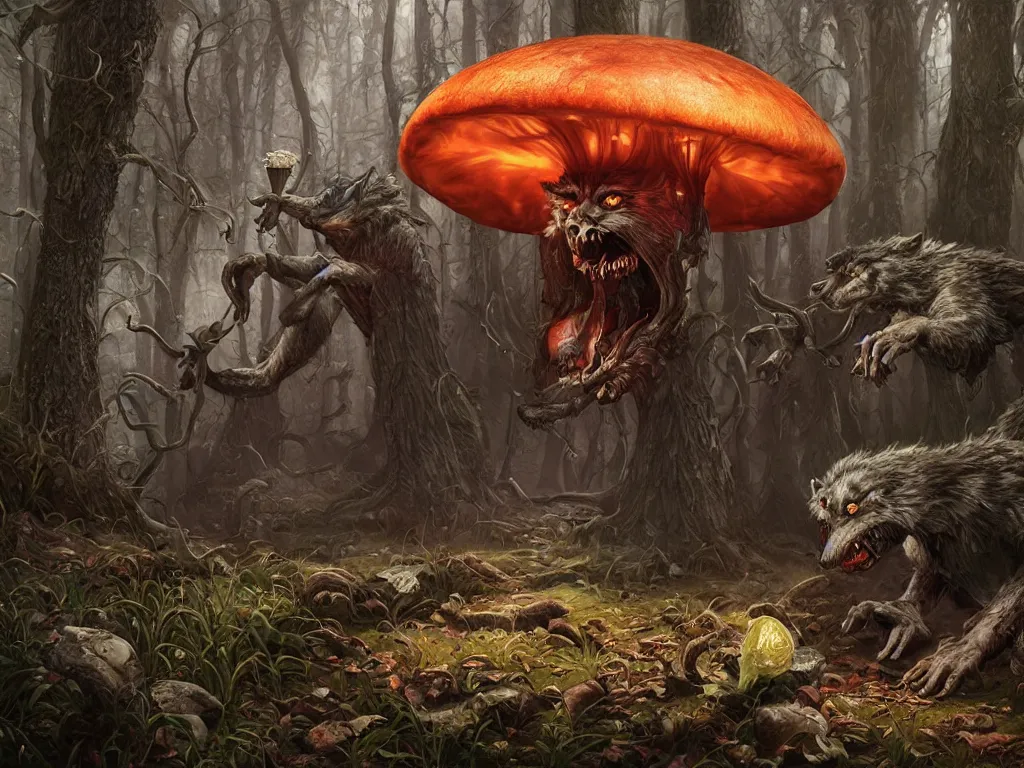 Image similar to Drunk mad mushroom-werewolf. Photorealistic, lifelike, Unreal Engine, sharp, detailed, 8K, by Gerald Brom, Dan Mumford, Stephan Martiniere