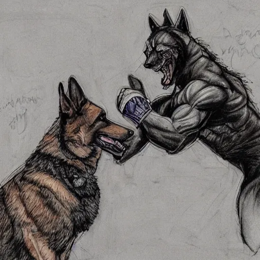 Image similar to a humanoid german shepherd beast - man wrestling with another german shepherd in the middle of an arena, pencil art, added detail, high definiton, colored, aerial viewyoji shinkawa