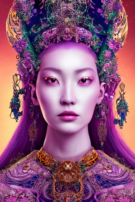 Image similar to a beautiful empress portrait, with a brilliant, impossible striking big cosmic galaxy headpiece, clothes entirely made out of cosmos chaos energy, symmetrical, dramatic studio lighting, rococo, baroque, jewels, asian, hyperrealism, closeup, D&D, fantasy, intricate, elegant, highly detailed, digital painting, artstation, octane render, 8k, concept art, matte, sharp focus, illustration, art by Artgerm and Greg Rutkowski and Alphonse Mucha