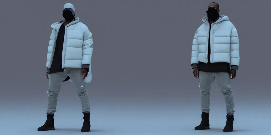 Image similar to kanye west wearing a full face - covering black mask, a small, tight, children size reflective baby blue puffer jacket made of nylon, gray jeans pants and big black rubber boots in 3 d, blender, octane render, 3 d render, realistic, unreal engine, studio light, 4 k, 8 k