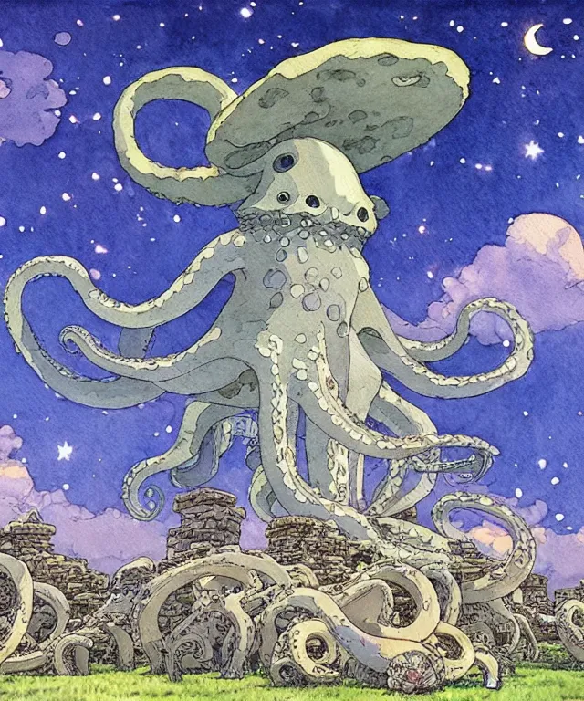 Image similar to a hyperrealist studio ghibli watercolor fantasy concept art. in the foreground is a giant grey octopus lifting and putting stones in to place on top of stonehenge with a starry sky. by rebecca guay, michael kaluta, charles vess