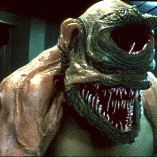 Image similar to a creepy filmic 30mm filmic wide shot color ground level angle movie still film photograph of the full body of a dangerous shape shifting alien creature, with multiple mutated snarling drooling human faces with a grotesque variety of gorey human limbs in the style of a live action 1980s horror film, The Thing 1982