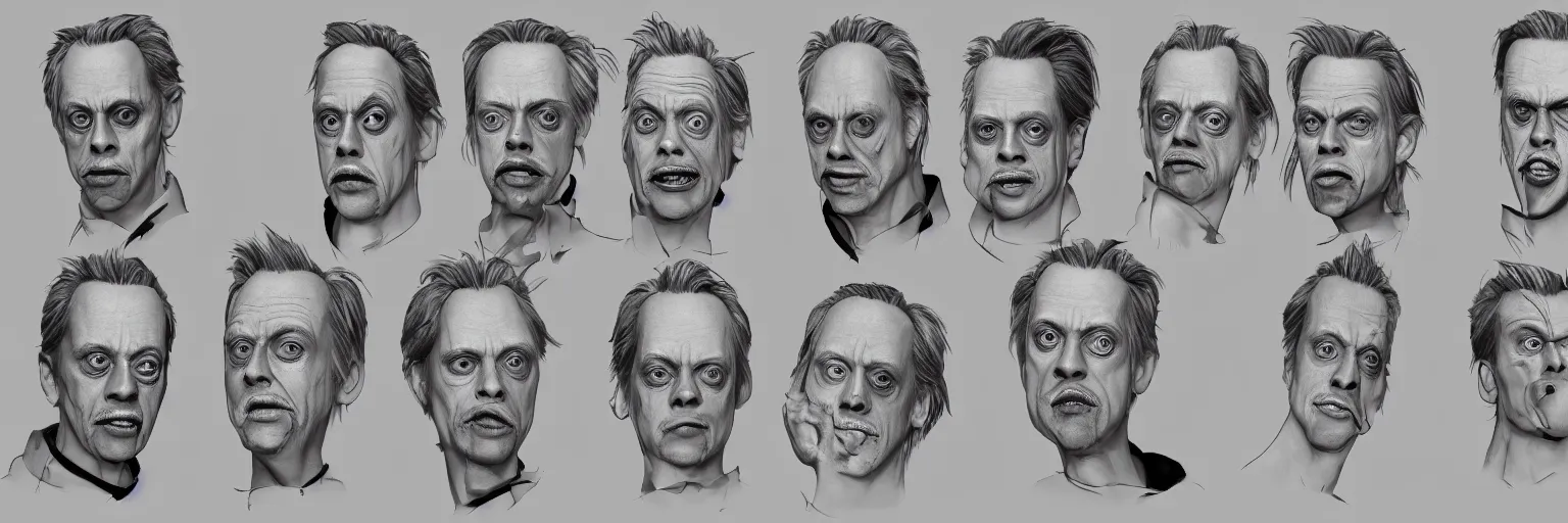 Image similar to character study of steve buscemi and gary busey, clear faces, wild, crazy, character sheet, fine details, concept design, contrast, kim jung gi, pixar and da vinci, trending on artstation, 8 k, full body and head, turnaround, front view, back view, ultra wide angle