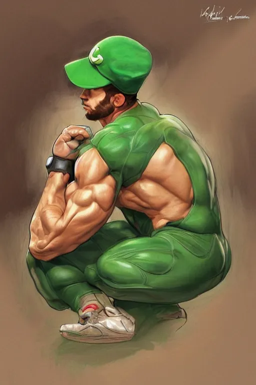 Image similar to gigachad bodybuilder luigi crouching with a green hat by ilya kuvshinov, ernest khalimov body, super mario bros symmetrical face concept art, hyper realistic, intricate, elegent, highly detailed, digital painting, concept art, smooth, sharp, focus, illustration, art by artgerm and greg rutkowski and alphonse mucha, artstation