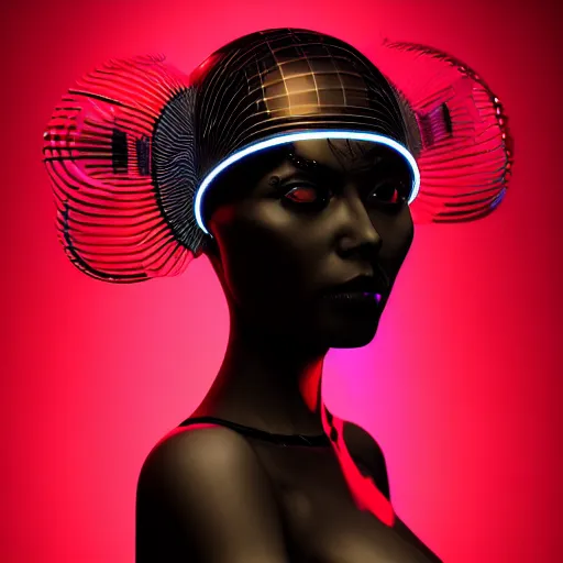 Image similar to portrait of an absurdly beautiful, graceful, sophisticated, fashionable black cyberpunk mechanoid gravure idol, hyperdetailed illustration by irakli nadar, matt wisniewski style, intricate linework, dark black porcelain skin, jellyfish headdress, electronic veil, unreal engine 5 highly rendered, global illumination, red light, detailed and intricate environment