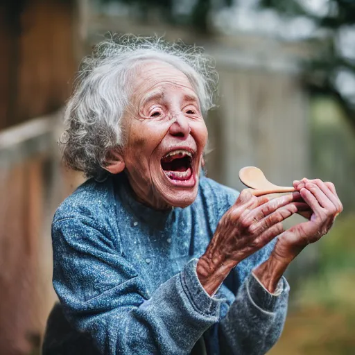 Image similar to elderly woman screaming at a wooden spoon, canon eos r 3, f / 1. 4, iso 2 0 0, 1 / 1 6 0 s, 8 k, raw, unedited, symmetrical balance, wide angle