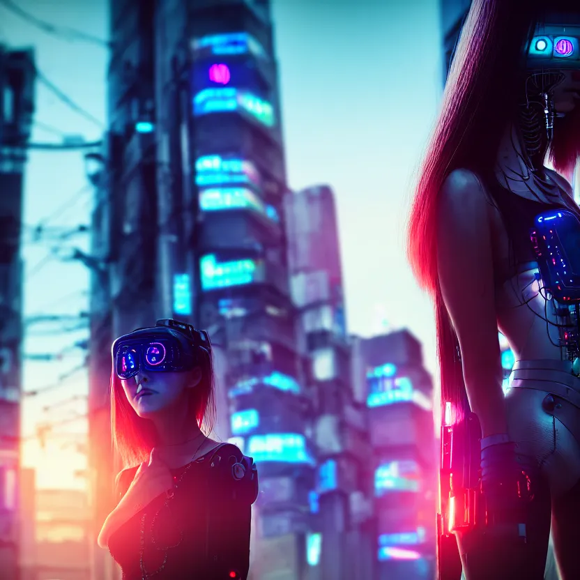 Image similar to a photo close up cyberpunk cyborg girl stands in a cyberpunk hiroshima, prefecture streets, sunset, photorealistic, cinematic lighting, very detailed, style by tomino - sama