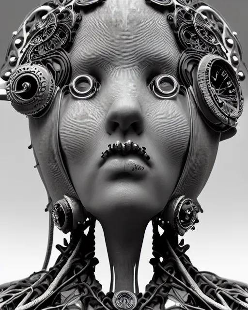 Image similar to mythical black and white organic bio-mechanical spinal ribbed profile face portrait detail of mechanical beautiful female angelic-vegetal-cyborg, highly detailed, intricate steampunk ornate, poetic, 3D render, digital art, octane render, 8K artistic photography, photo-realistic, by Dora Maar