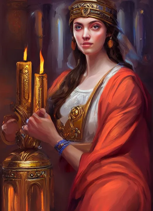 Image similar to Portrait of a beautiful priestess from the oracle of Delphi, looking into the flames, greek mythology, in the style of Julia Ustinovich, digital art, Vladimir Volegov