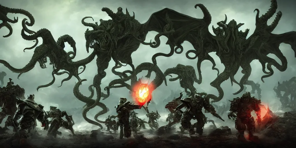 Prompt: long shot, fantasy battlefield, autobots against cthulhu with magic and terror beasts, digital art, art station, render, volumetric light