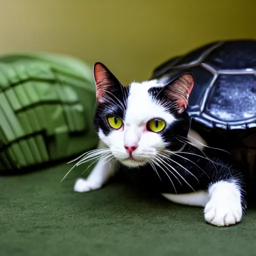 Prompt: a black and white cat wearing turtle shells for armor