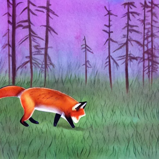 Prompt: fox in a forest by kevin finney blindfish, watercolor, painting, pastel colours, illustration