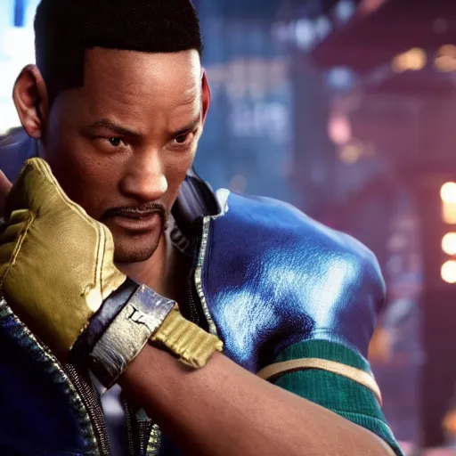 Image similar to a videogame still of Will Smith in Tekken 7, 40mm lens, shallow depth of field, split lighting