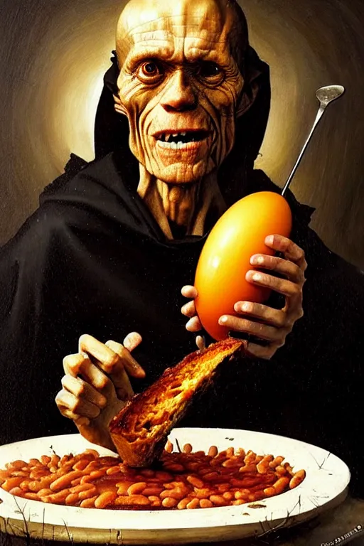 Prompt: hieronymus bosch, greg rutkowski, anna podedworna, painting of willem dafoe eating baked beans and eggs