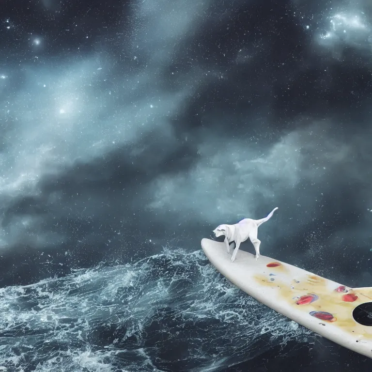 Image similar to photo of a dark gray white small spots coat pit bull with a white paws, surfing on a surfboard in a crashing wave of alien ocean in space, background is an alien galaxy, aliens in the background, alien colors, octane render, unreal engine, wide view, 8 k, high detaild