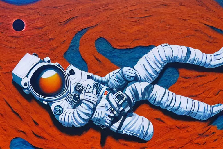 Image similar to an astronaut laying on mars in the style of flooko, acrylic art, detailed, moonlight,