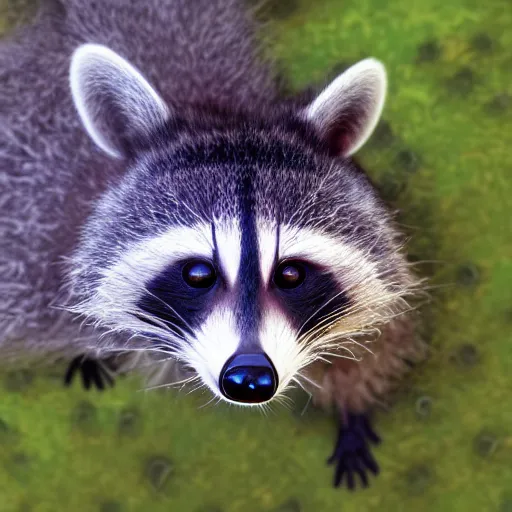 Image similar to a cute racoon with a fried egg on its head, walking in a city that is also a forest, digital art, bird eye view