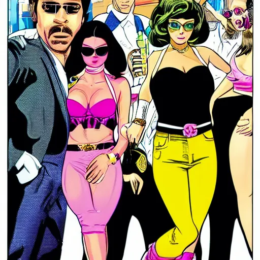 Image similar to pimp surrounded by girls in the style of gta vice city, comic book, cartoon, jim steranko