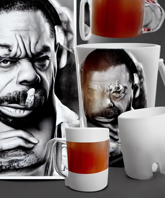 Image similar to a picture of ice - t rapper printed on the side of a mug full of iced tea, product showcase, studio lighting