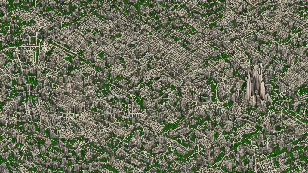 Image similar to a overhead map of a large holy city with a large tower in the center surrounded by rivers and a forest, trending on artstation