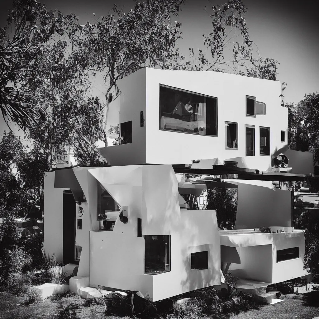 Image similar to “A perfectly centered beautiful black and white 24mm photo of mid-century retro-futuristic tiny house in Los Angeles”