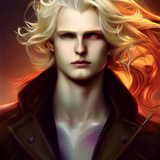 Prompt: digital art of a pale menacing male Cyborg Angel of Battle with long blond curls of hair and piercing eyes, johan liebert mixed with Dante, central composition, he commands the fiery power of resonance and wrath, very very long blond curly hair with bangs!!!, baroque curls, by Ross Tran Rossdraws and WLOP, Artstation, CGsociety