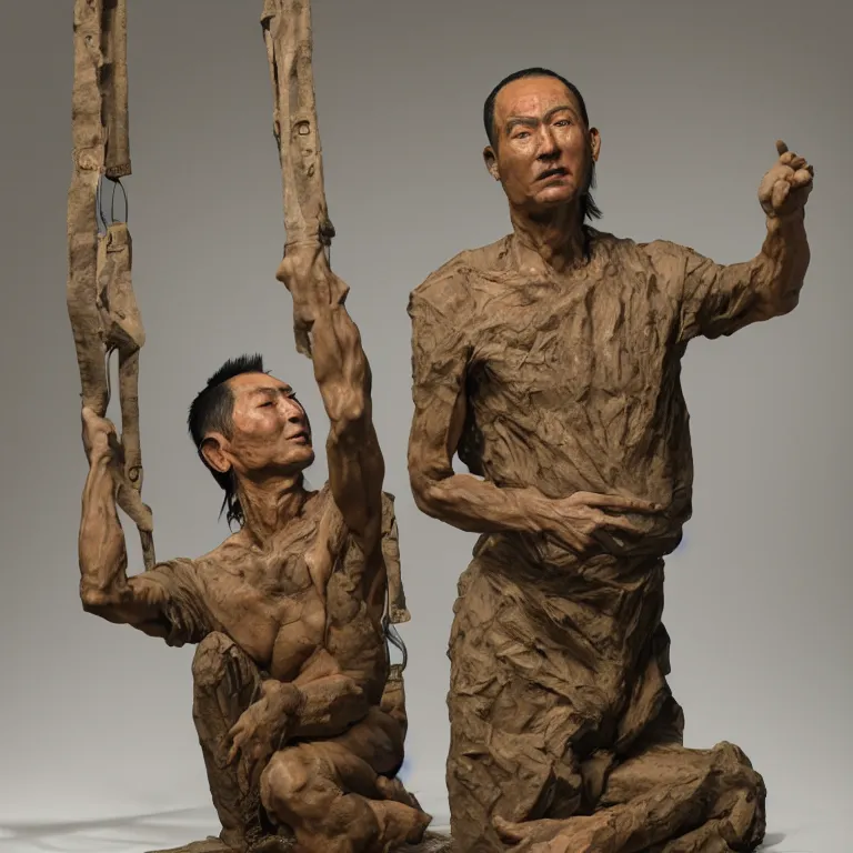 Prompt: hyperrealistic sculpture of a fossilized bronze male uyghur prisoner in a cage made of low poly acrylic on a pedestal by ron mueck and duane hanson and lee bontecou and baselitz, hyperrealistic dramatic colored lighting trending on artstation 8 k