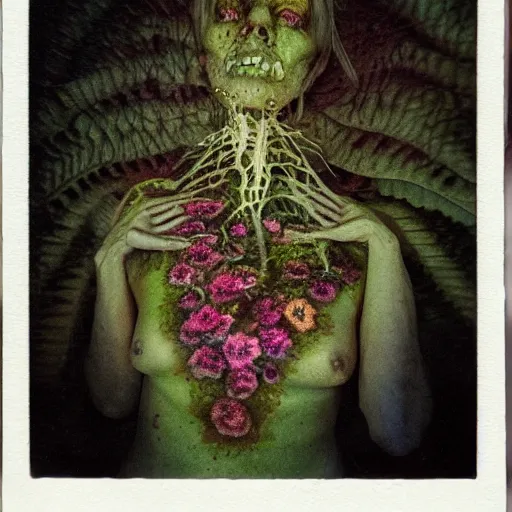 Image similar to a beautiful detailed front view portrait of a rotten woman corpse with fractal plants and fractal flowers growing around, volumetric light, beautiful lit, polaroid photography