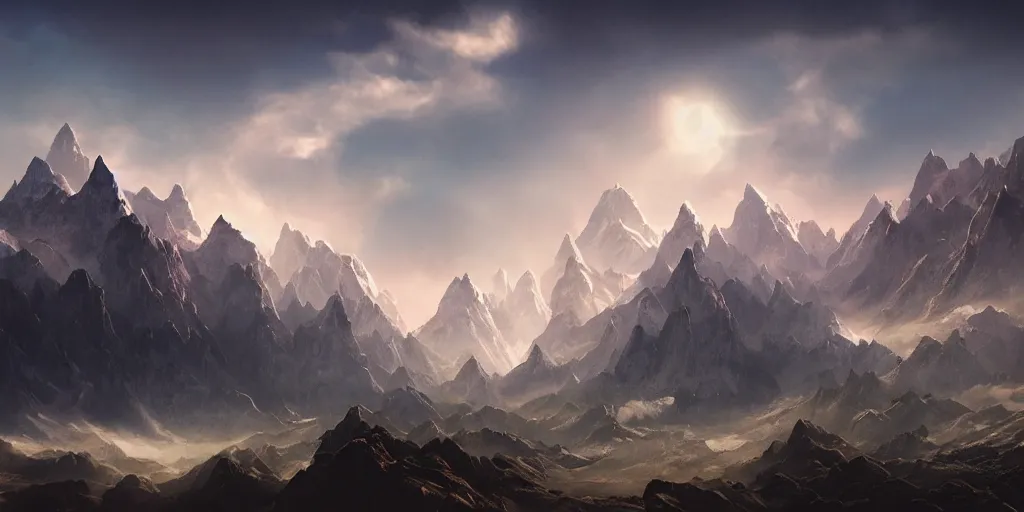 Prompt: beautiful matte painting of a fantasy mountains