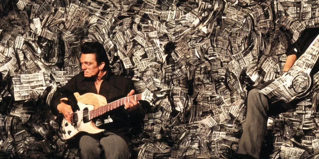 Image similar to Johnny Cash croons snake guitar amidst reels of tape, pools of petroleum, newspaper clippings, writhing snakes and sheathes of wheat, still from the unreleased movie UNLESS YOU HATE BULL RUNS directed by Federico Fellini, purple green atmospheric lighting, full color 35mm film, rendered in octane with snakeoil subsurface scattering