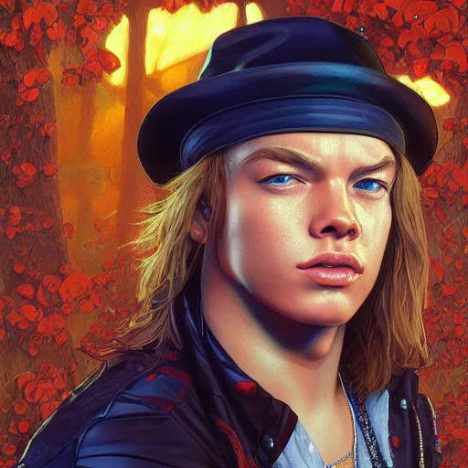 Image similar to young axl rose portrait guns n roses, intricate, highly detailed, digital painting, artstation, concept art, smooth, sharp focus, illustration, unreal engine 5, 8 k, art by artgerm and greg rutkowski and alphonse mucha