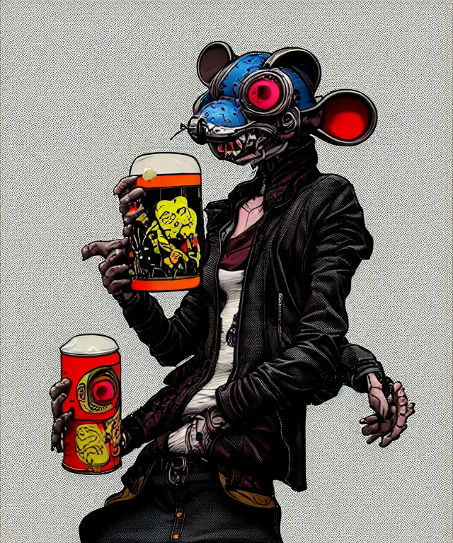 Image similar to a portrait of an anthropomorphic cyberpunk mouse holding a can of beer, cyberpunk!, fantasy, elegant, digital painting, artstation, concept art, matte, sharp focus, illustration, art by josan gonzalez