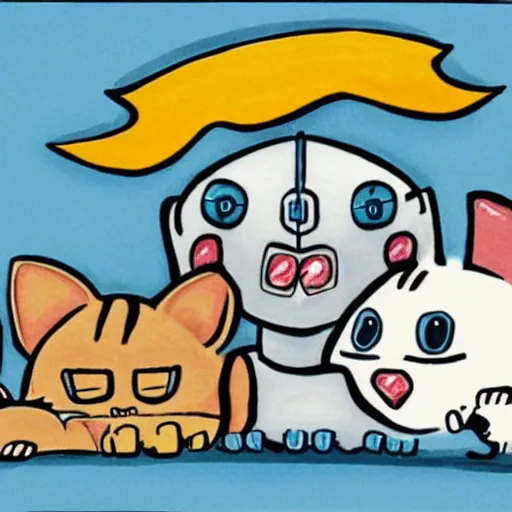 Image similar to a robot cuddling kittens, cartoon