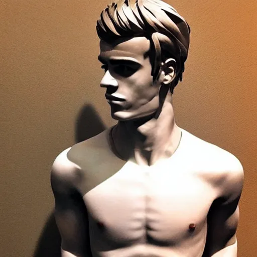 Image similar to “ a realistic detailed photo of a guy who is an attractive humanoid who is half robot and half humanoid, who is a male android, soccer player antoine griezmann, shiny skin, posing like a statue, blank stare, on the bed, on display ”