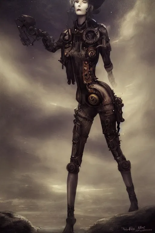 Prompt: By Tom Bagshaw, Abstract tech, a very beautiful steampunk female in bodysuit, ruins by night, symmetric body features proportions, horror, volumetric clouds and fog, focus, detailed, realistic eyes looking at camera, symmetric body features proportions, golden ratio, intricate details, award winning, unreal render, by Tom Bagshaw