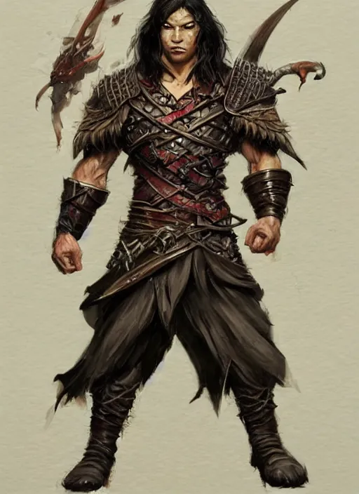 Prompt: muscly asian man with medium black parted hair, dndbeyond, bright, colourful, realistic, dnd character portrait, full body, pathfinder, pinterest, art by ralph horsley, dnd, rpg, lotr game design fanart by concept art, behance hd, artstation, deviantart, hdr render in unreal engine 5