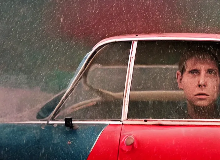 Image similar to A very high resolution image from a new movie, inside of a car, raining, hot, directed by wes anderson