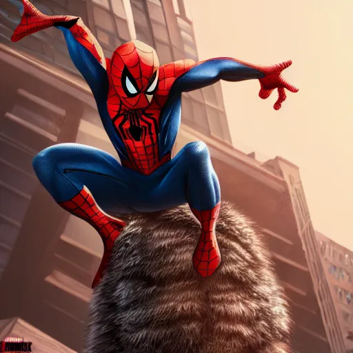 Image similar to spider - man sit on big raccoon, eating donuts, action scene, concept art, trending on artstation, highly detailed, intricate, sharp focus, digital art, 8 k