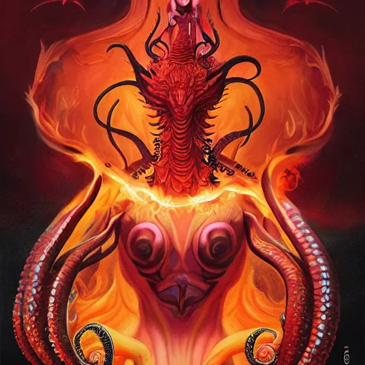 Image similar to queen of hell portrait of Tilda Swinton, fire and flame, big long hell serpent octopus, Pixar style, by Tristan Eaton Stanley Artgerm and Peter Mohrbacher and Tom Bagshaw and Boris Vallejo.